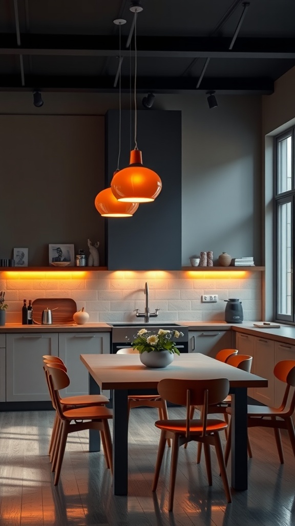 A modern kitchen with warm orange pendant lighting and a cozy dining area.