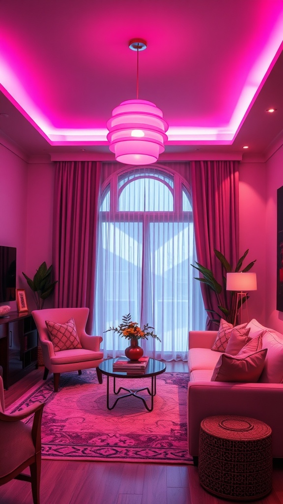 A warm pink living room with stylish lighting fixtures