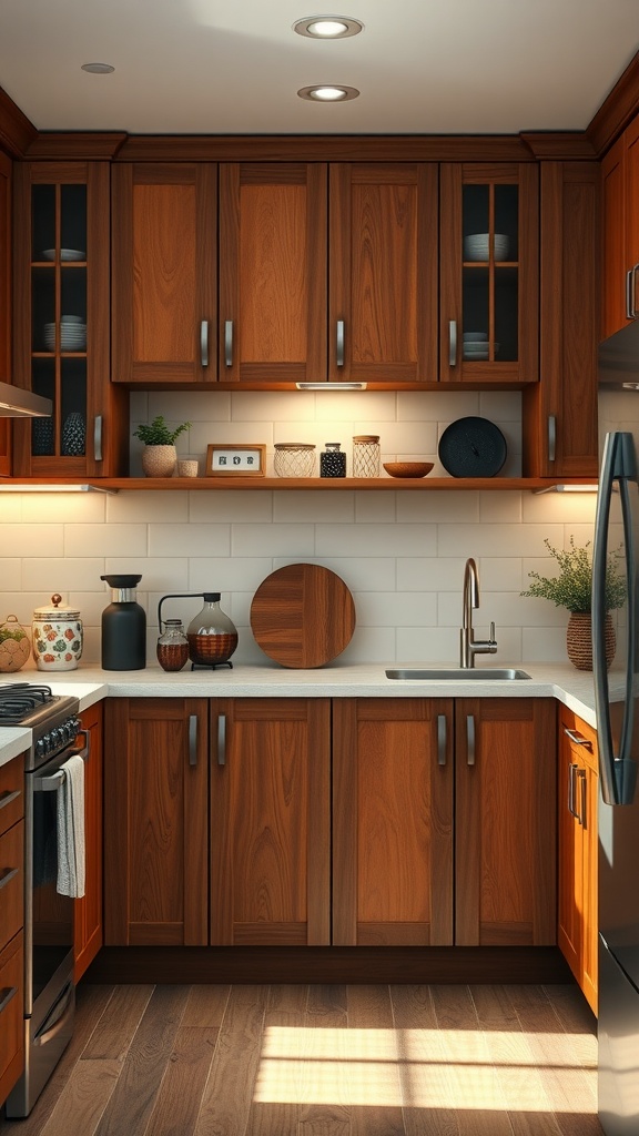 A kitchen featuring warm walnut cabinets, light countertops, and decorative elements.