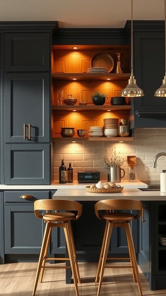 A modern kitchen featuring dark gray cabinets and warm wood bar stools.