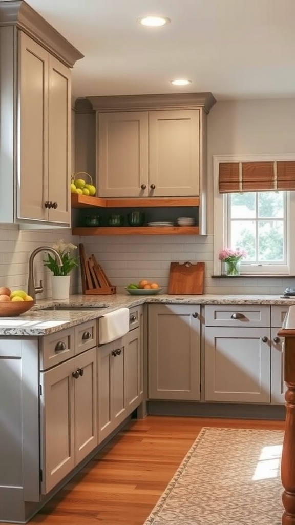 A kitchen with light gray cabinets and warm wood accents, featuring natural light, a modern design, and cozy decor.