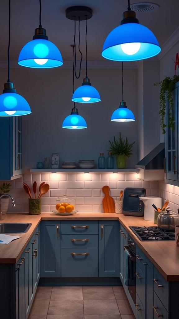 A kitchen with blue pendant lights, blue cabinetry, and wooden countertops.