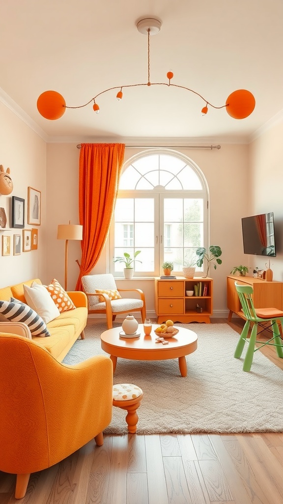 A child-friendly living room decorated in shades of orange, featuring cozy couches, playful decor, and a bright atmosphere.