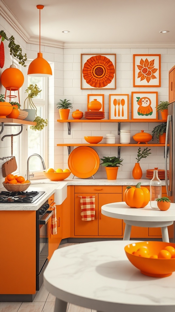 A cheerful orange-themed kitchen with various decor and fruit bowls.