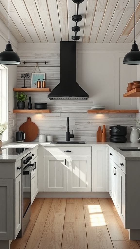 A modern kitchen featuring whitewashed wood accents, black cabinetry, and bright lighting.