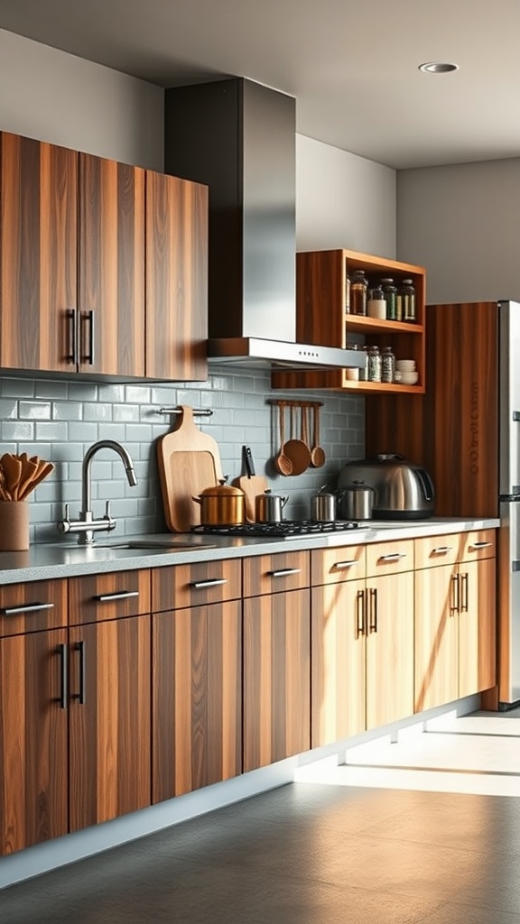 Modern kitchen showcasing a blend of wood cabinets and metal accents.