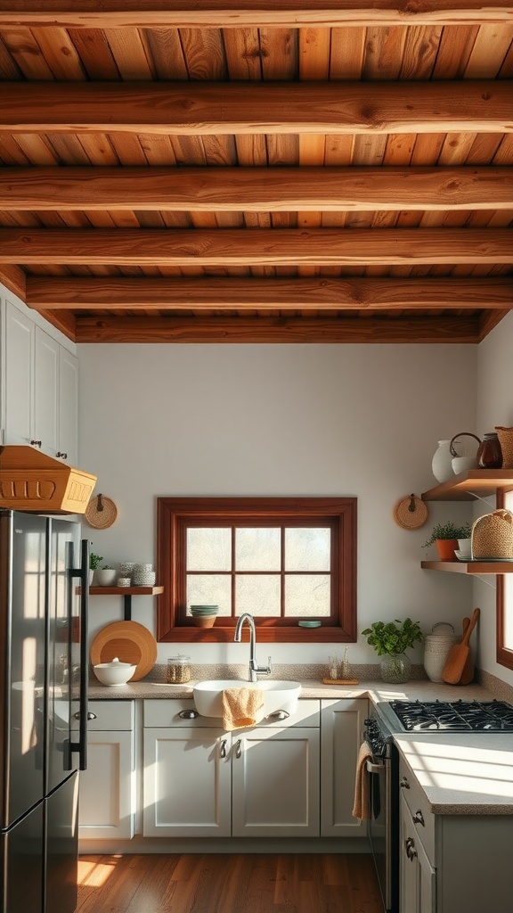 A cozy kitchen with wooden beam ceilings, natural light, and a rustic design