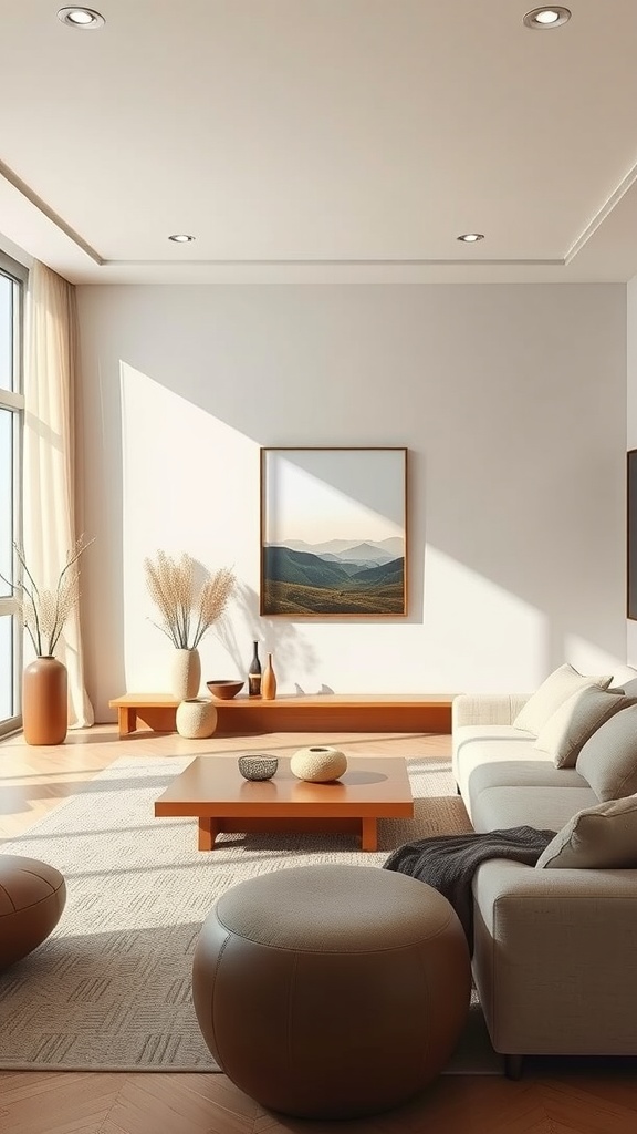 A beige living room featuring a cozy sofa, wooden coffee table, and natural decor elements, illuminated by sunlight.