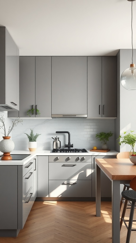 Modern kitchen featuring gray cabinets, wooden table, and plants for a serene atmosphere