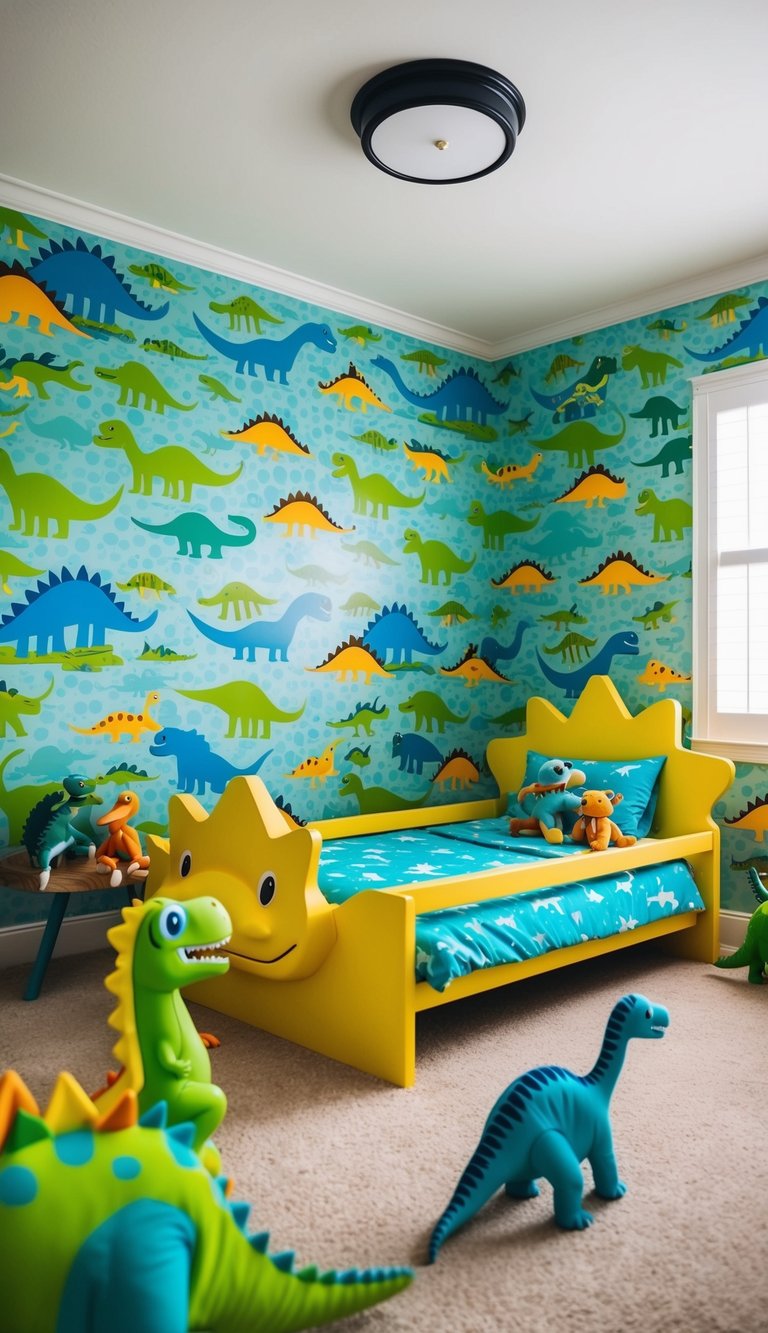 A young boy's bedroom with dinosaur-themed decor, including a mural of a prehistoric world, toy dinosaurs, and a bedspread with dinosaur prints