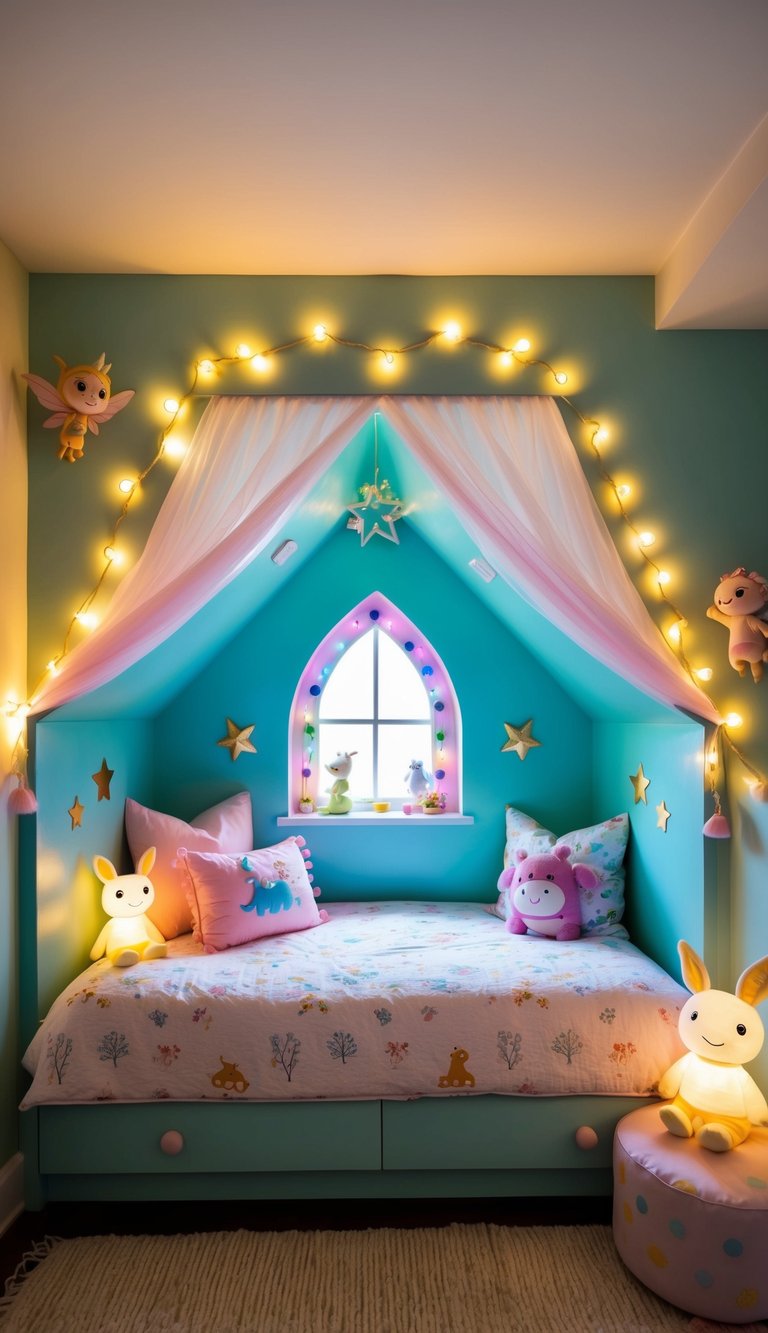 A cozy bedroom with a treehouse bed, twinkling fairy lights, and shelves filled with storybooks and magical trinkets