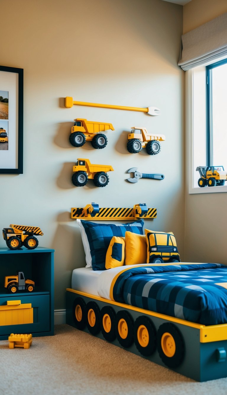 A bedroom with construction-themed decor, including toy trucks, tool-shaped pillows, and a bed designed to look like a construction vehicle