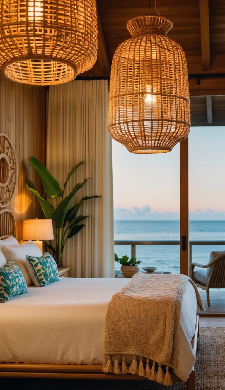 A cozy coastal bedroom with rattan light fixtures casting warm, soft light over a bed and ocean-inspired decor