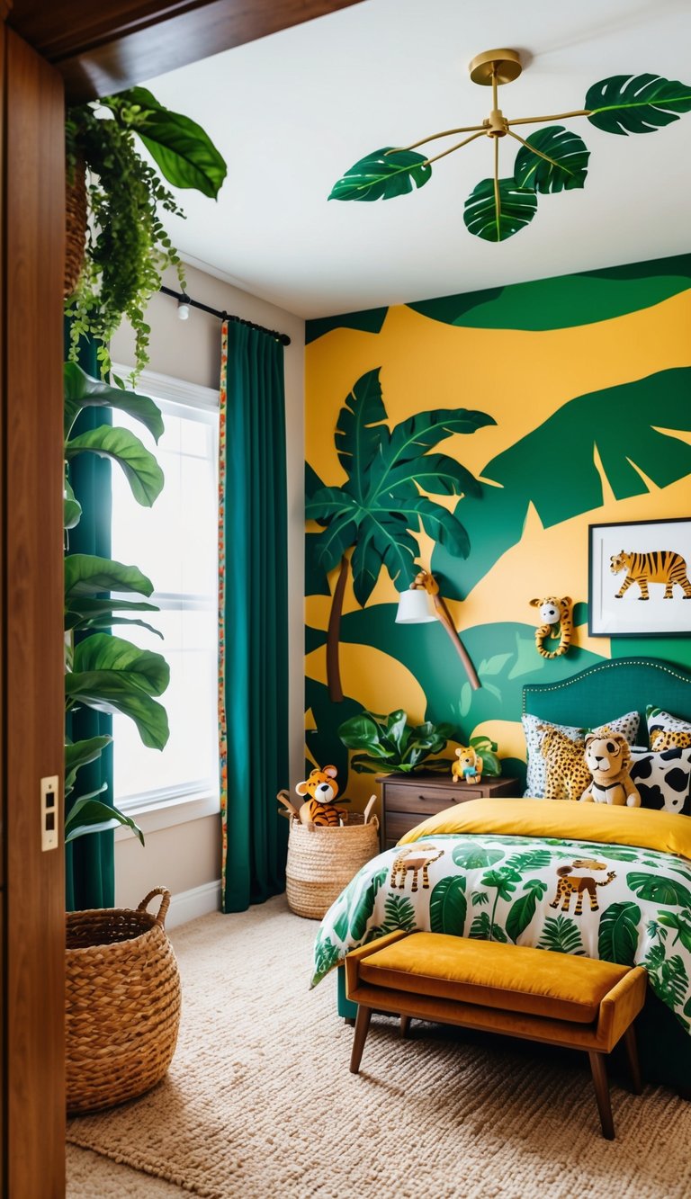 A jungle safari-themed bedroom with lush greenery, animal prints, and adventure gear scattered around