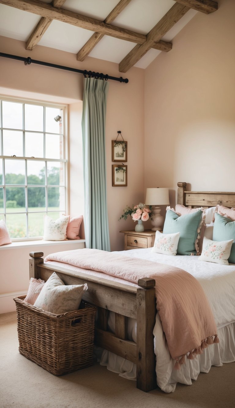 A cozy country farmhouse bedroom with soft pastel colors, rustic wooden furniture, and floral accents. A large window lets in natural light, illuminating the room