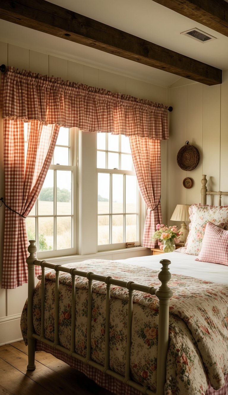 A cozy country bedroom with gingham draperies, floral bedding, and rustic furniture. Sunlight filters through the window, casting a warm glow on the quaint decor