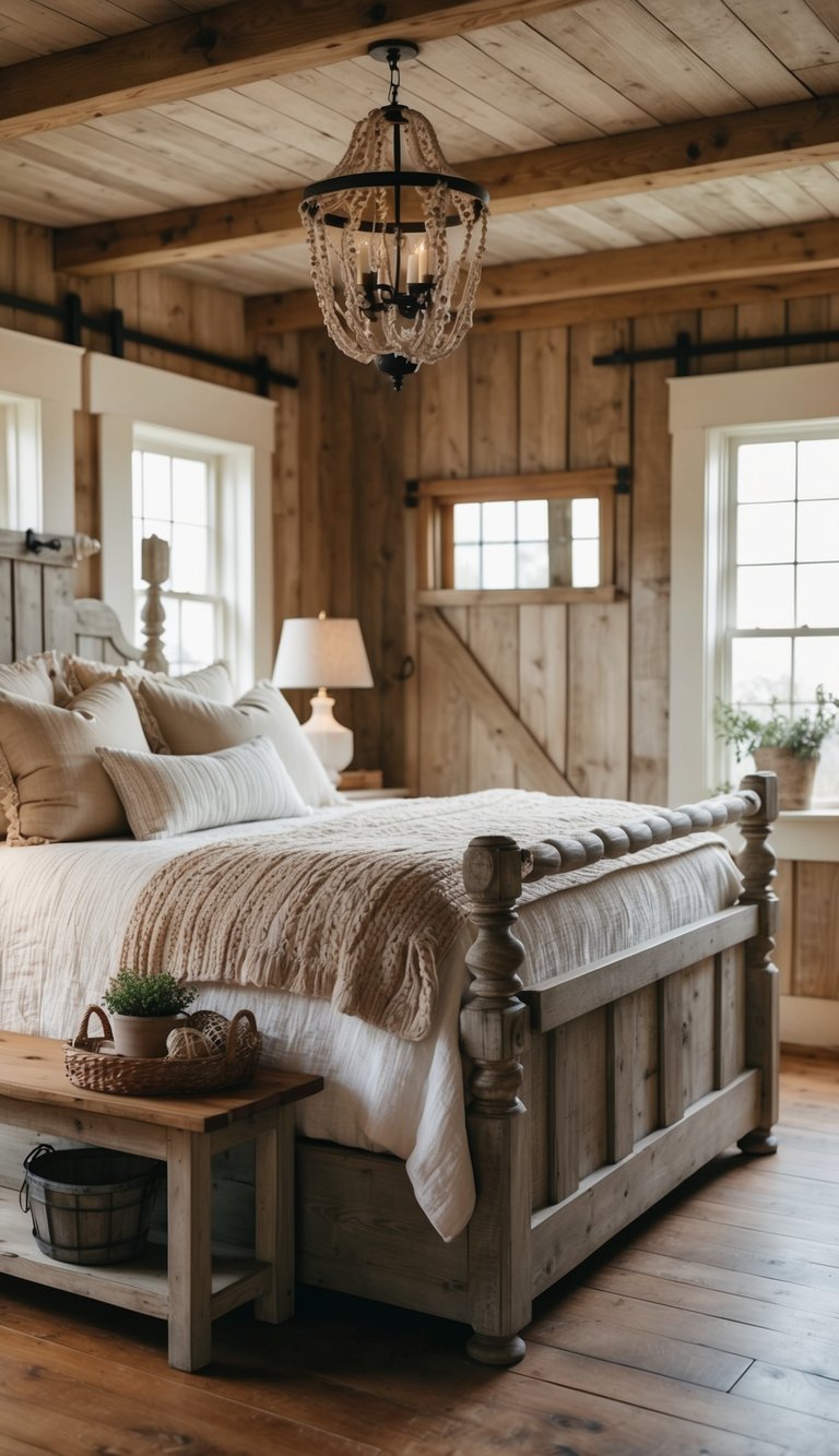 A cozy country farmhouse bedroom with weathered wood furniture and rustic decor