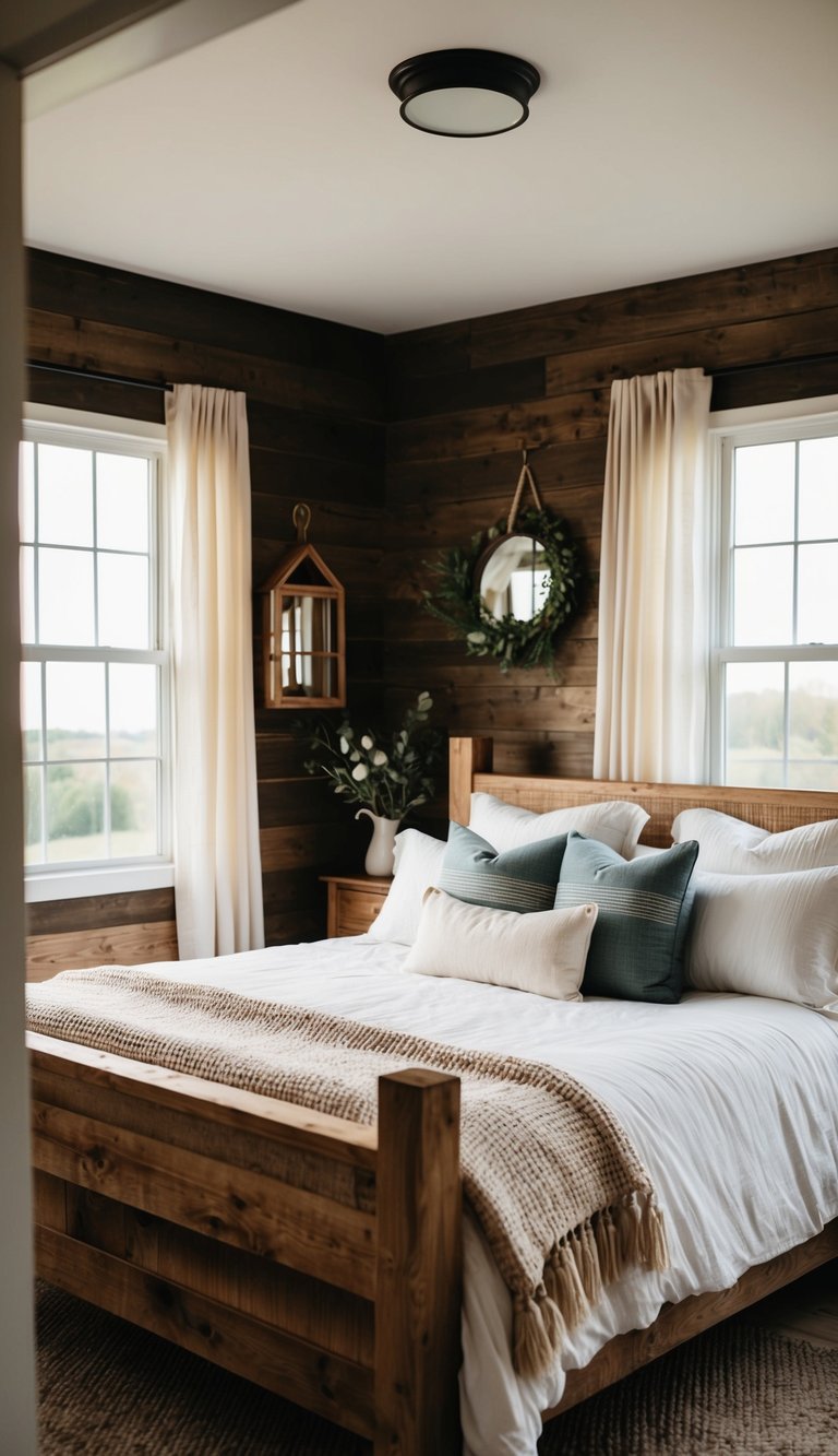 A cozy bedroom with a rustic wooden bed frame, surrounded by country farmhouse decor and soft, natural light filtering through the windows