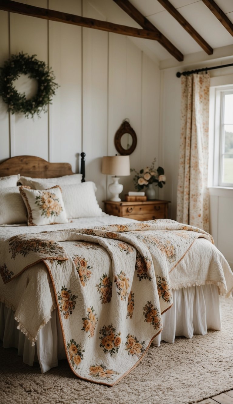 A cozy country farmhouse bedroom with a vintage floral quilt draped over a rustic bed, surrounded by charming decor and soft natural light