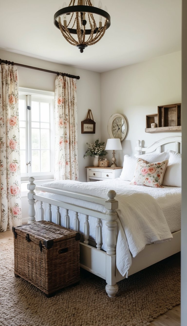 A cozy country farmhouse bedroom with whitewashed furniture, floral curtains, and vintage decor