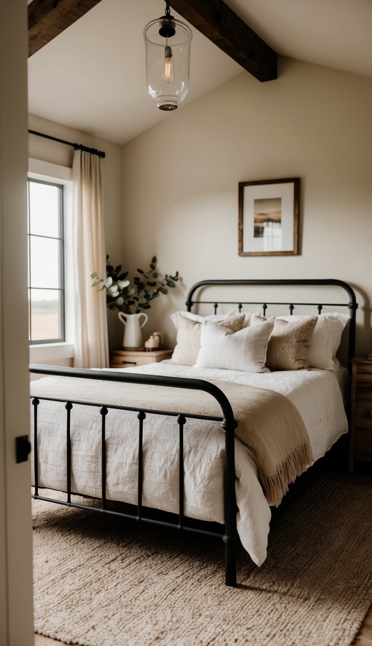 A cozy farmhouse bedroom with a mid-century metal bed as the focal point. Rustic decor and soft, neutral colors create a warm and inviting atmosphere