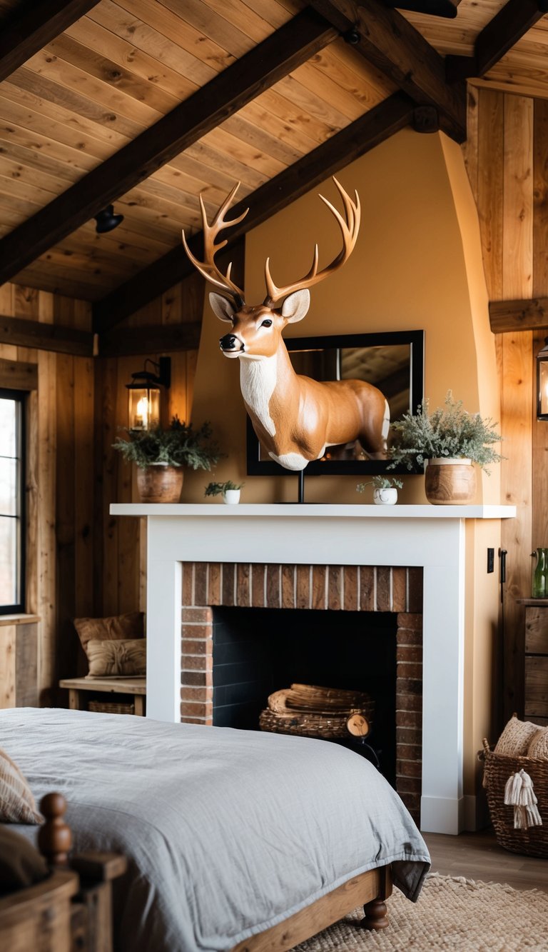 A rustic bedroom with a mounted deer sculpture above a cozy fireplace, surrounded by country farmhouse decor and warm, earthy tones