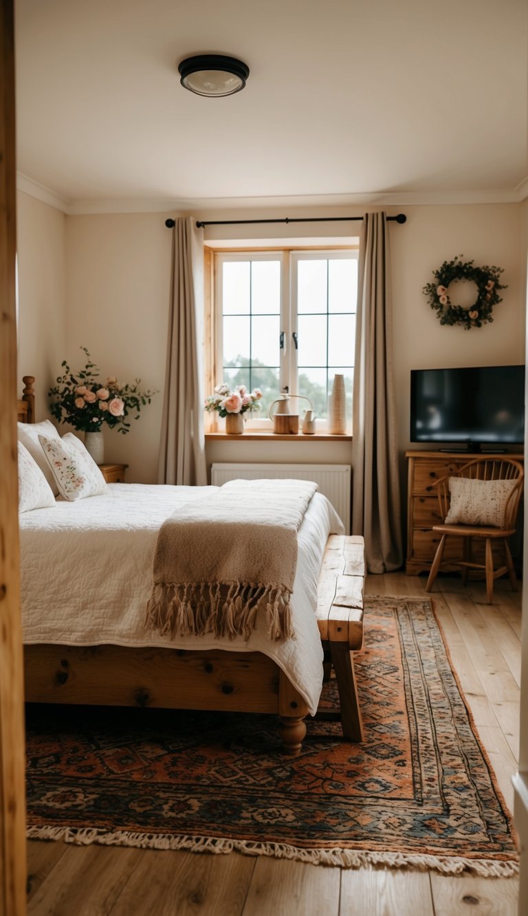 A cozy bedroom with a rustic country-style rug, wooden furniture, and floral accents. A warm, inviting atmosphere with natural light streaming in through the window