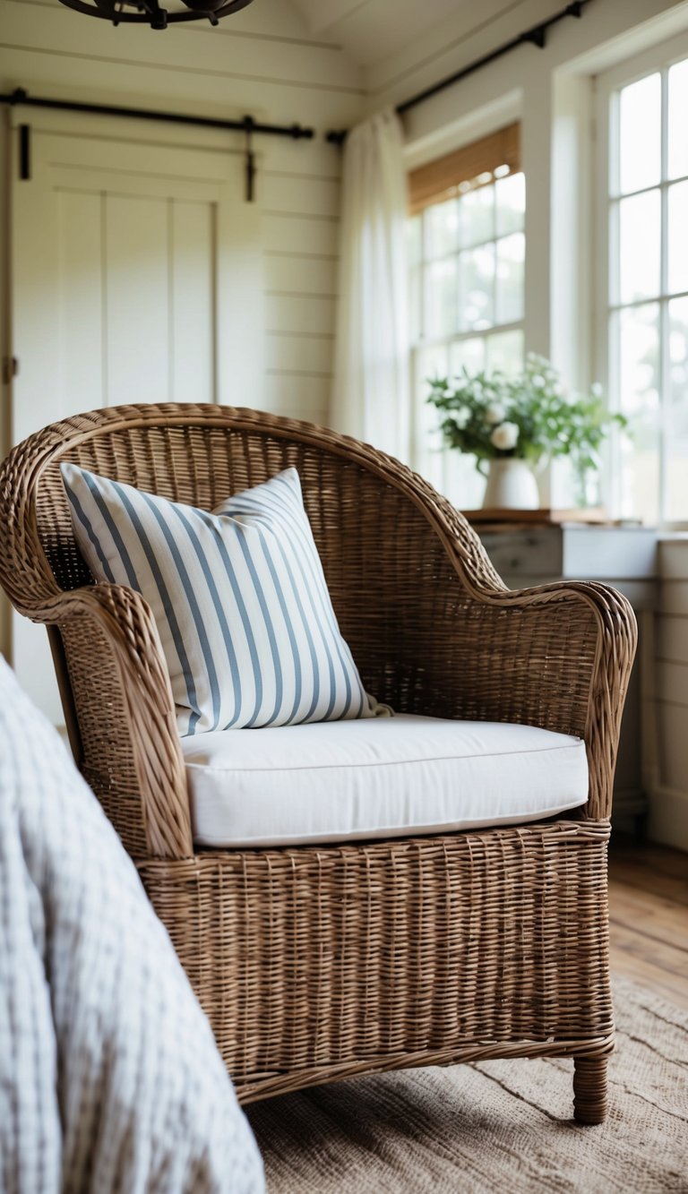 A wicker chair with a striped pillow sits in a cozy country farmhouse bedroom