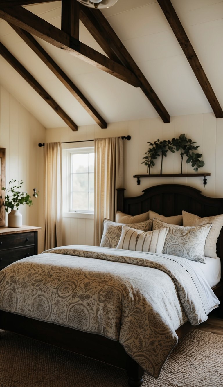 A cozy country farmhouse bedroom with patterned bedding, rustic decor, and soft natural lighting