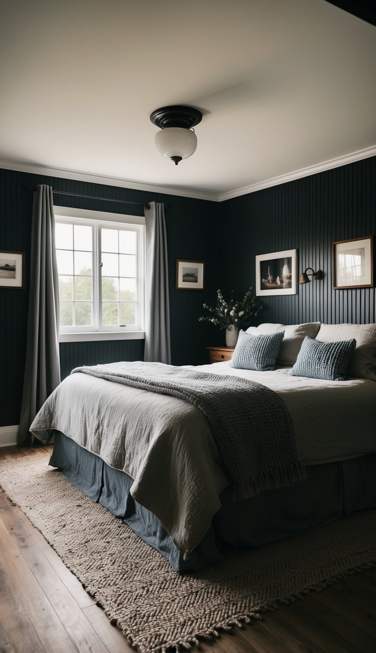 The cozy bedroom features dark painted beadboard walls, creating a rustic and inviting atmosphere for a country farmhouse