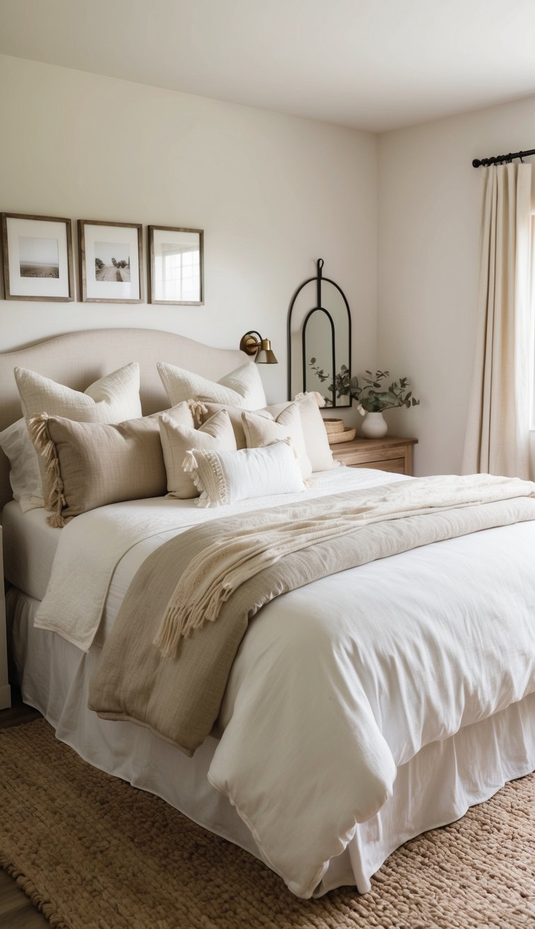 A cozy farmhouse bedroom with a neutral base of white and beige bedding, featuring rustic accents and natural textures