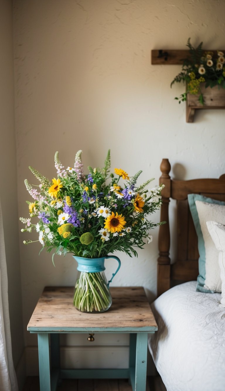 A bouquet of fresh wildflowers sits on a rustic bedside table in a cozy country farmhouse bedroom