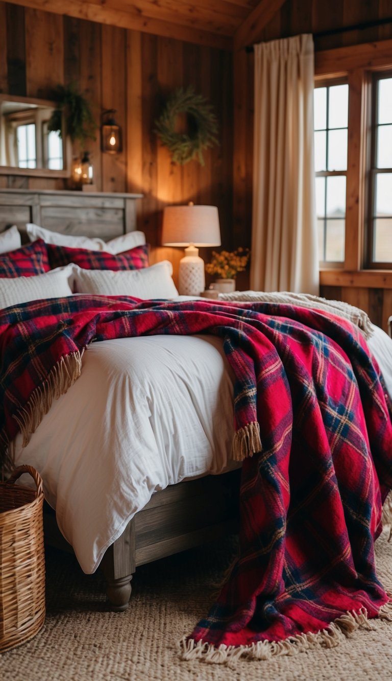 A cozy farmhouse bedroom with vibrant plaid throws draped over a rustic bed, surrounded by warm, inviting decor