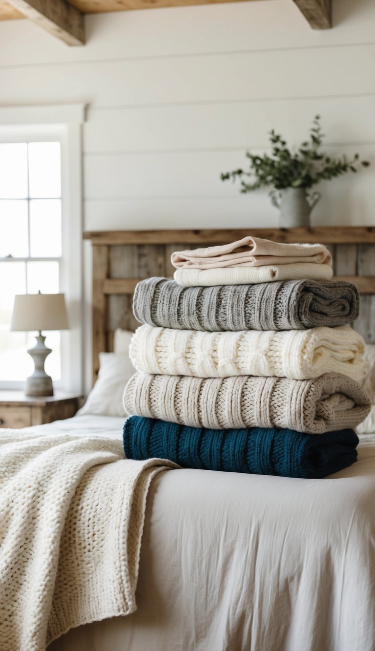 A cozy farmhouse bedroom with a stack of soft knit blankets layered on a rustic bed frame