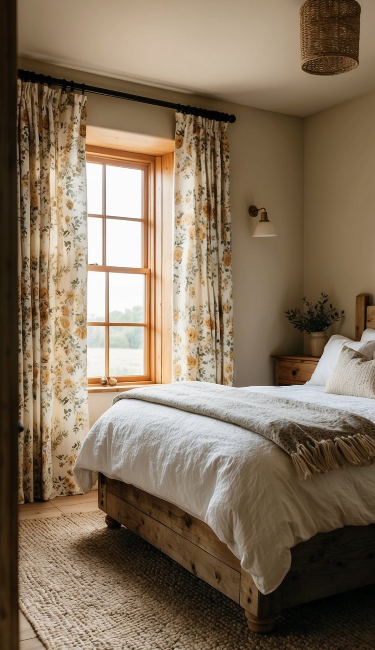 A cozy country bedroom with floral curtains, a rustic farmhouse bed, and warm natural light filtering through the window