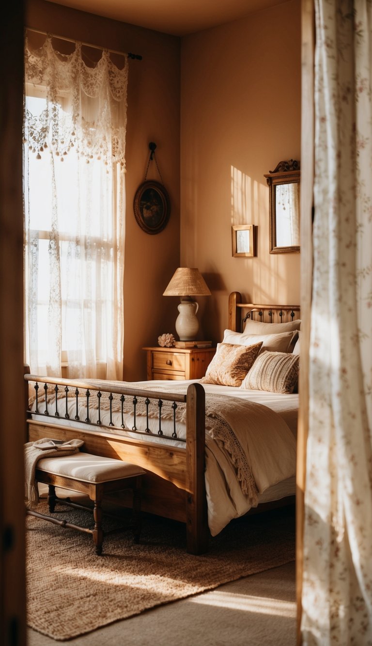 A cozy bedroom with warm earthy tones, featuring rustic wooden furniture, soft linens, and vintage decor. Sunlight filters through the lace curtains, casting a gentle glow on the room