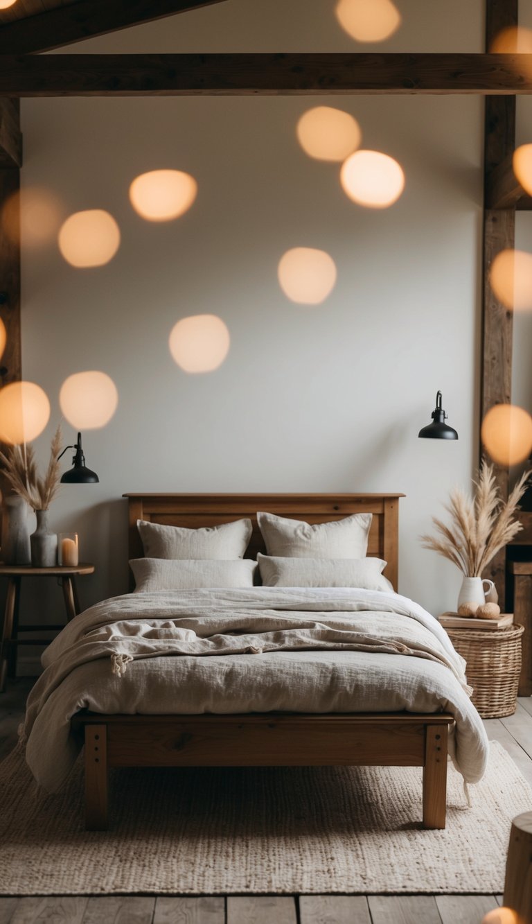 A cozy farmhouse bedroom with a simple wooden bed adorned with linen sheets, surrounded by rustic decor and warm lighting