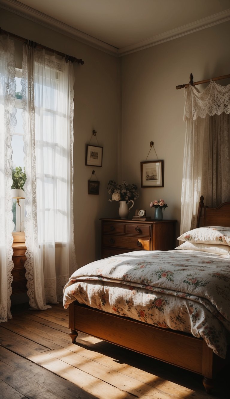 A cozy bedroom with vintage furniture, floral linens, and wooden accents. Sunlight streams through lace curtains onto a worn hardwood floor