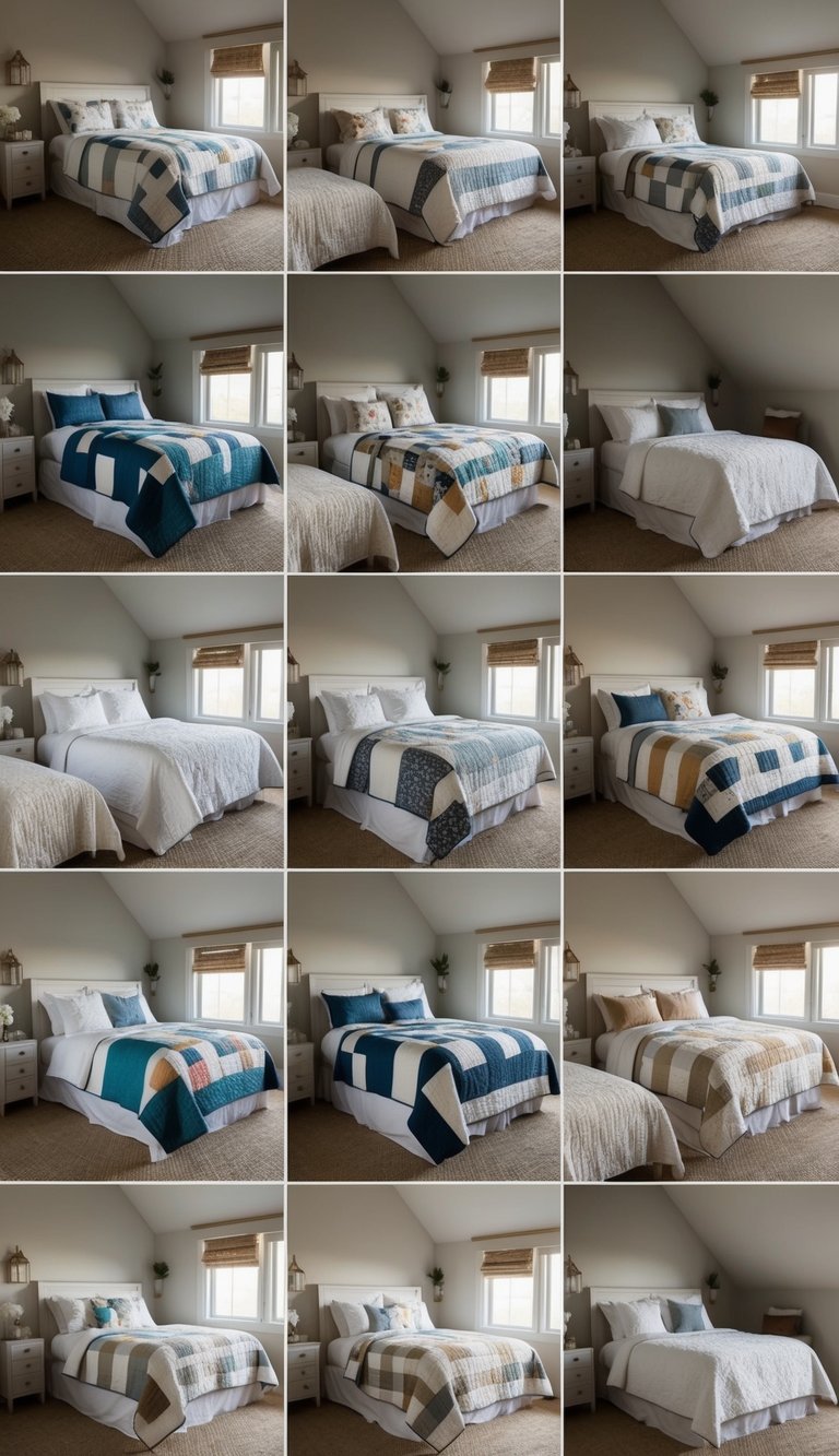 A cozy farmhouse bedroom with 22 different quilted bedspreads displayed on neatly made beds, each adding a touch of rustic charm to the room