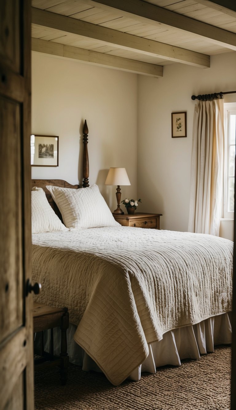 A cozy country bedroom with a rustic quilted bedspread, vintage wooden furniture, and soft natural lighting