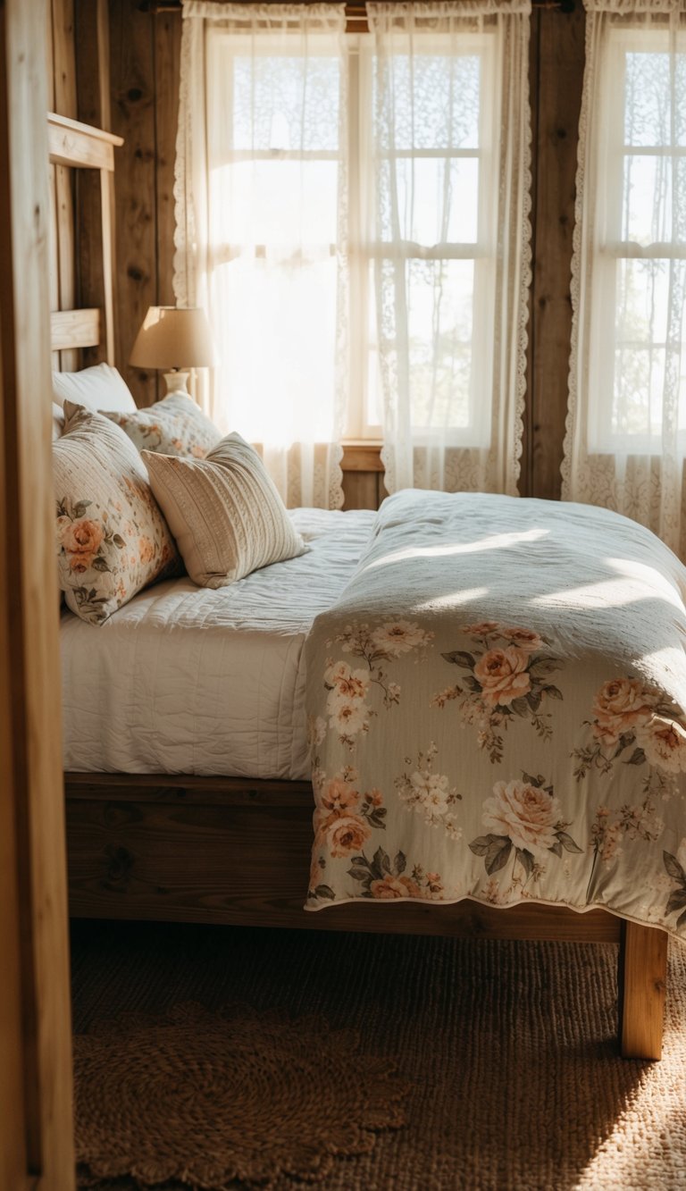 A cozy farmhouse bedroom with a rustic wooden bed adorned with a variety of floral patterned bedding in soft, muted colors. Sunlight streams in through lace curtains, casting a warm glow on the scene