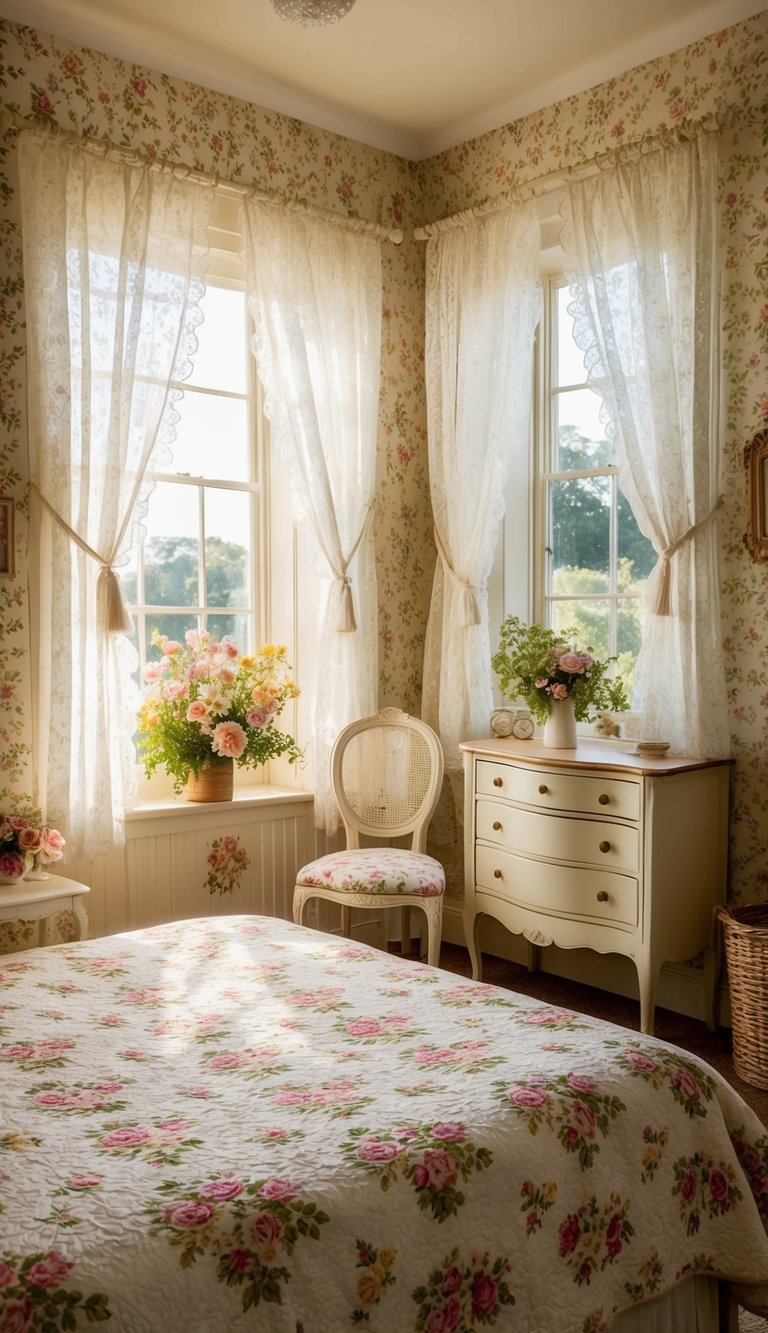 A cozy country bedroom with whimsical wallpaper, vintage furniture, and floral accents. Sunlight streams through lace curtains onto a floral quilted bed