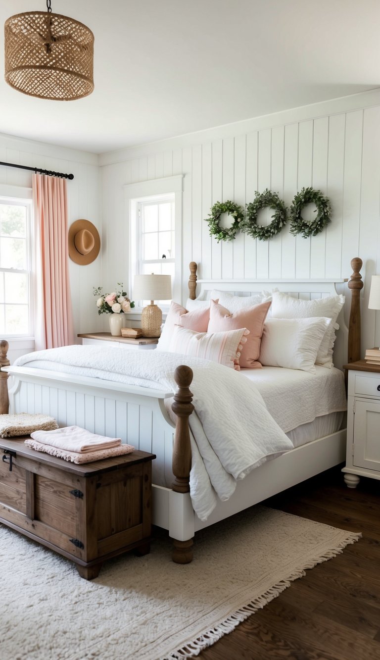 A cozy country bedroom with fresh white paint, rustic wood furniture, and soft pastel accents