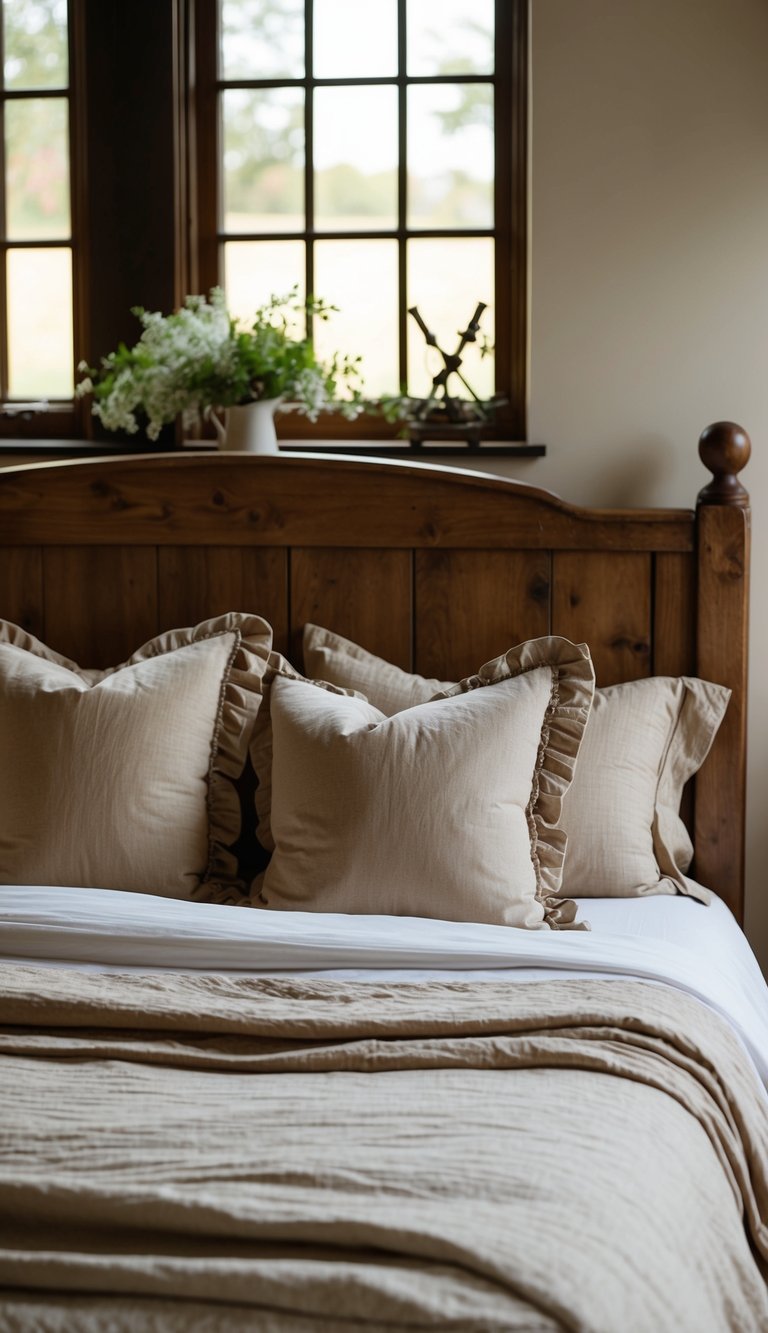 A cozy farmhouse bedroom with a rustic wooden bed, adorned with vintage-style pillowcases in soft, muted colors. A warm, inviting atmosphere with natural light streaming in through the window