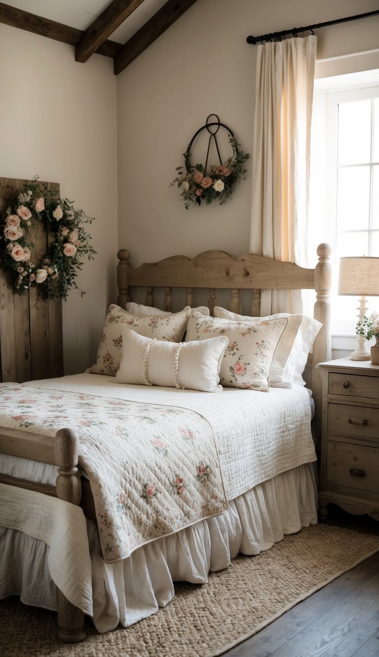 A cozy country farmhouse bedroom with rustic wooden furniture, floral decor, and soft, neutral tones. A quilted bedspread and vintage accents complete the cozy atmosphere