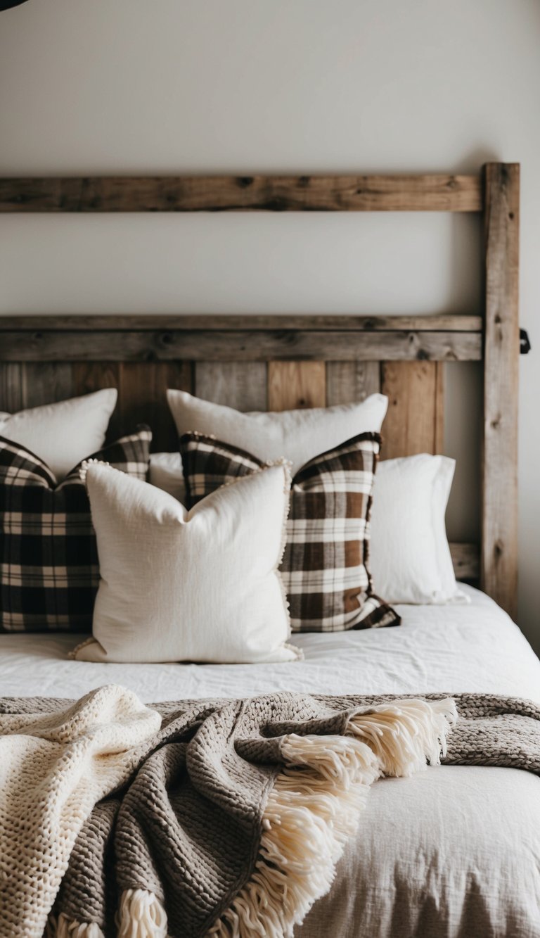 A cozy farmhouse bedroom with layered textures: knitted blankets, linen sheets, and plaid pillows on a weathered wood bed frame