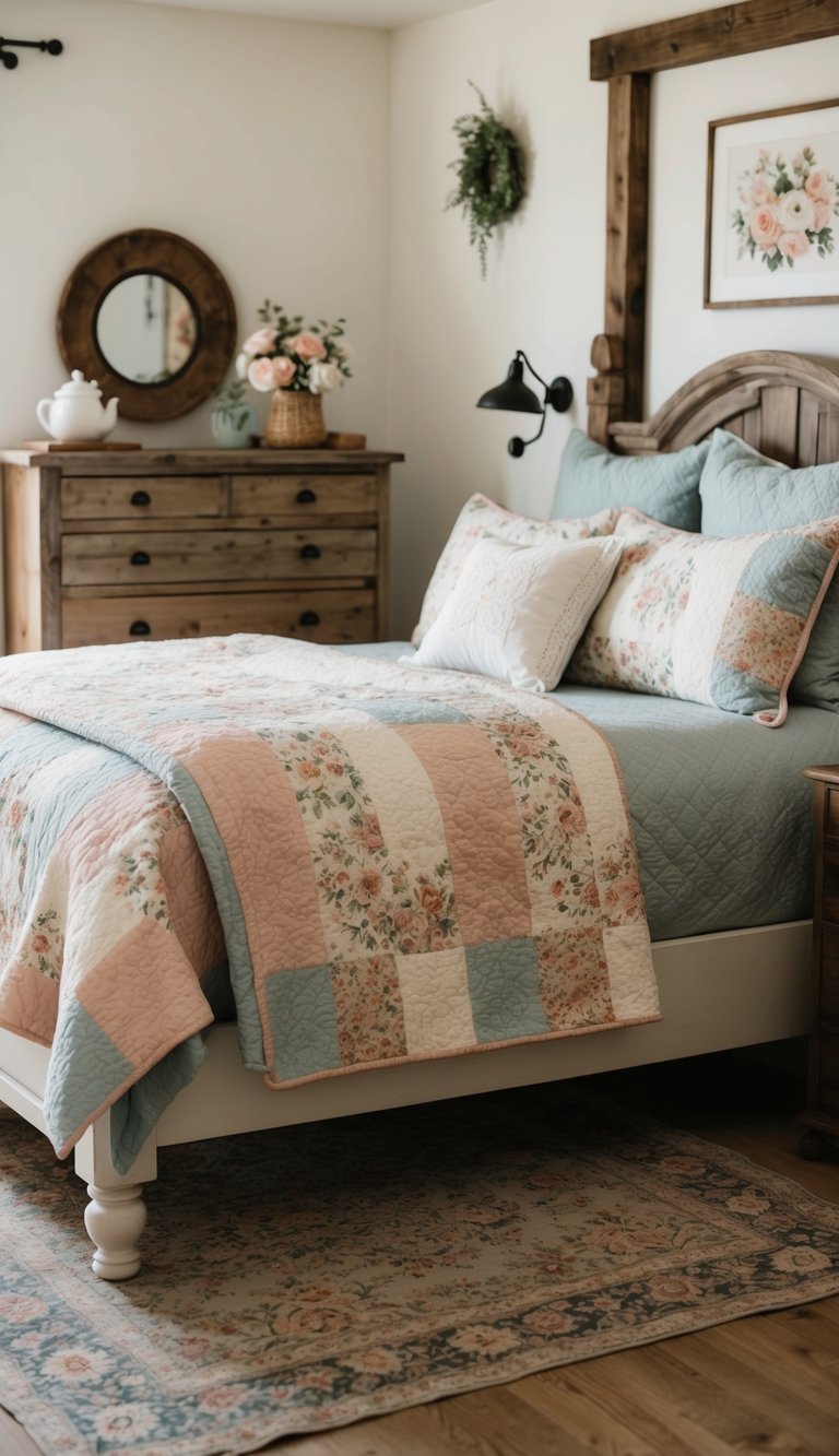 A cozy bedroom with rustic wooden furniture, floral patterns, and soft pastel colors. A quilted bedspread and vintage decor complete the farmhouse-inspired look