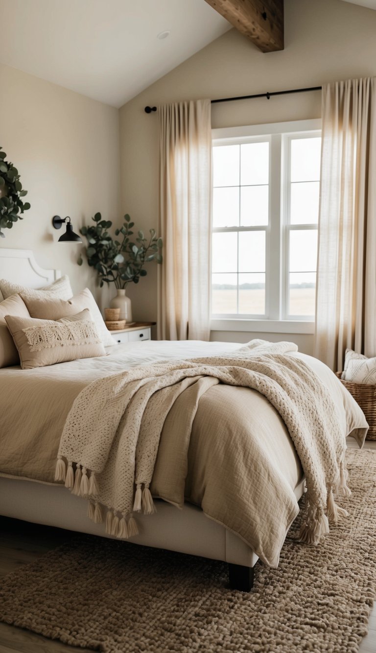 A cozy farmhouse bedroom with warm neutral bedding, textured throws, and rustic accents