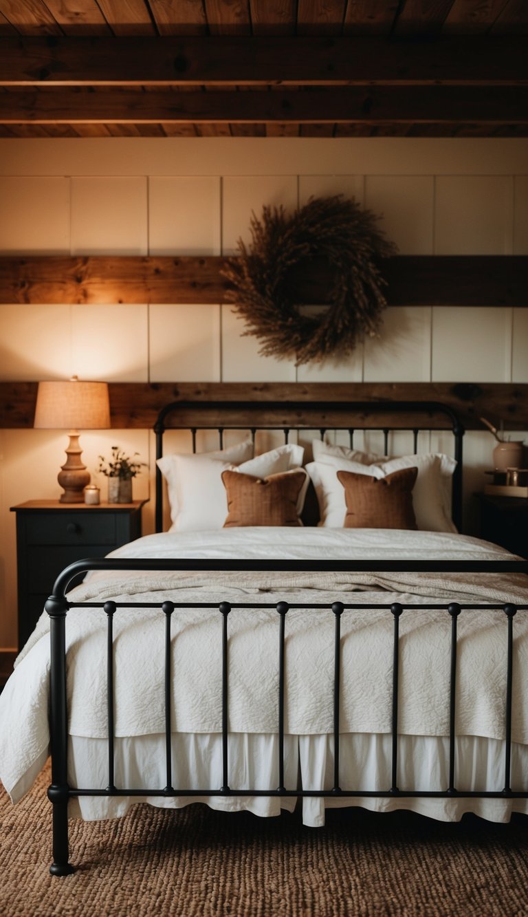 A cozy farmhouse bedroom with metal bed frames, warm lighting, and rustic decor