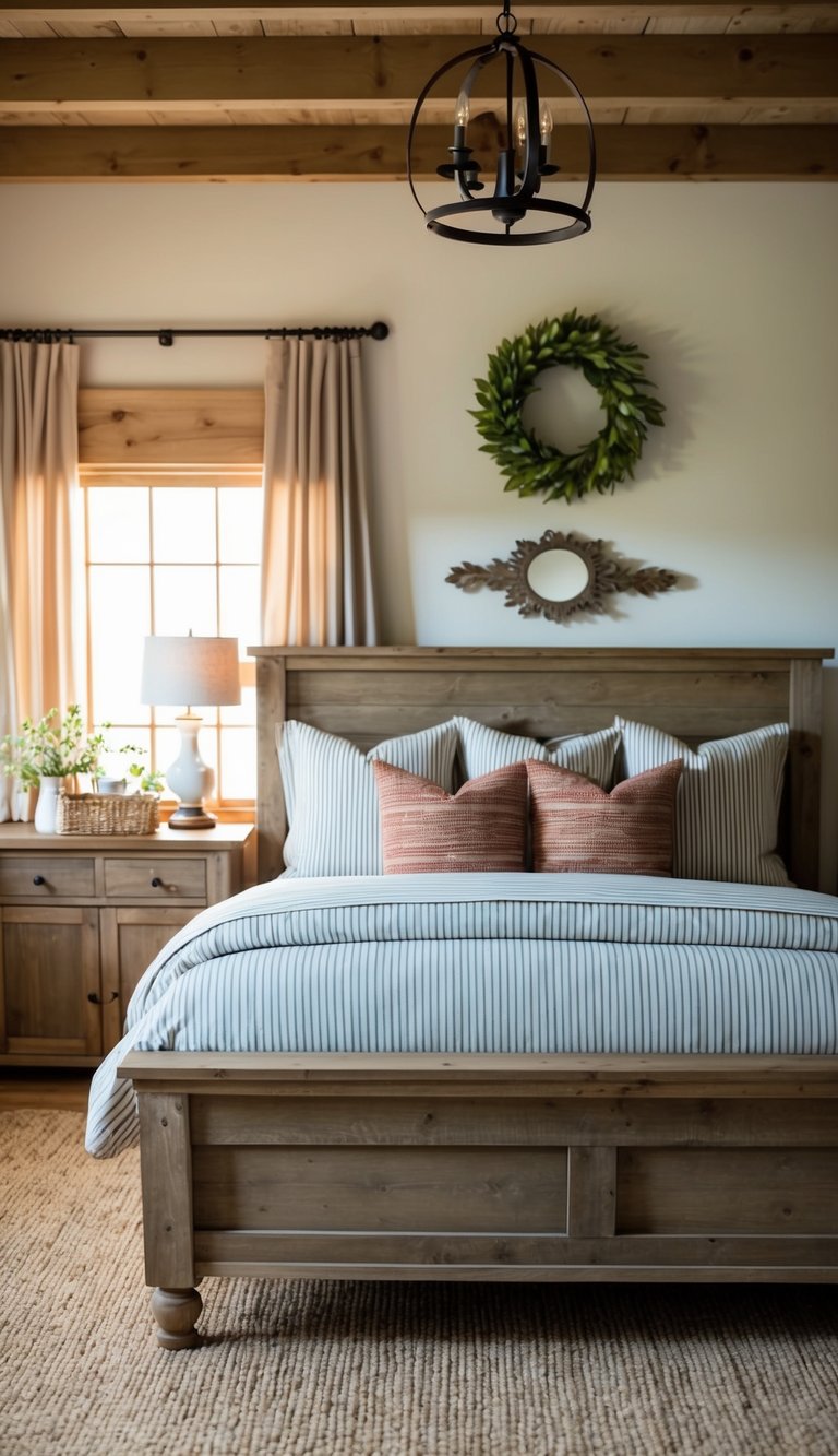 A cozy farmhouse bedroom with a rustic wooden bed adorned with striped upholstery bedding, surrounded by warm, inviting decor